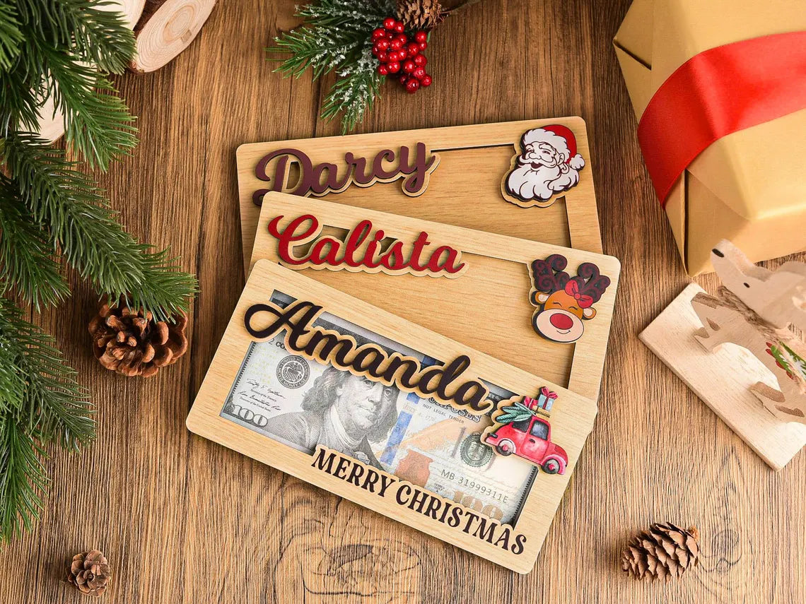 Custom Christmas Money Holder – Personalized Wooden Santa & Reindeer Gift Card Holder