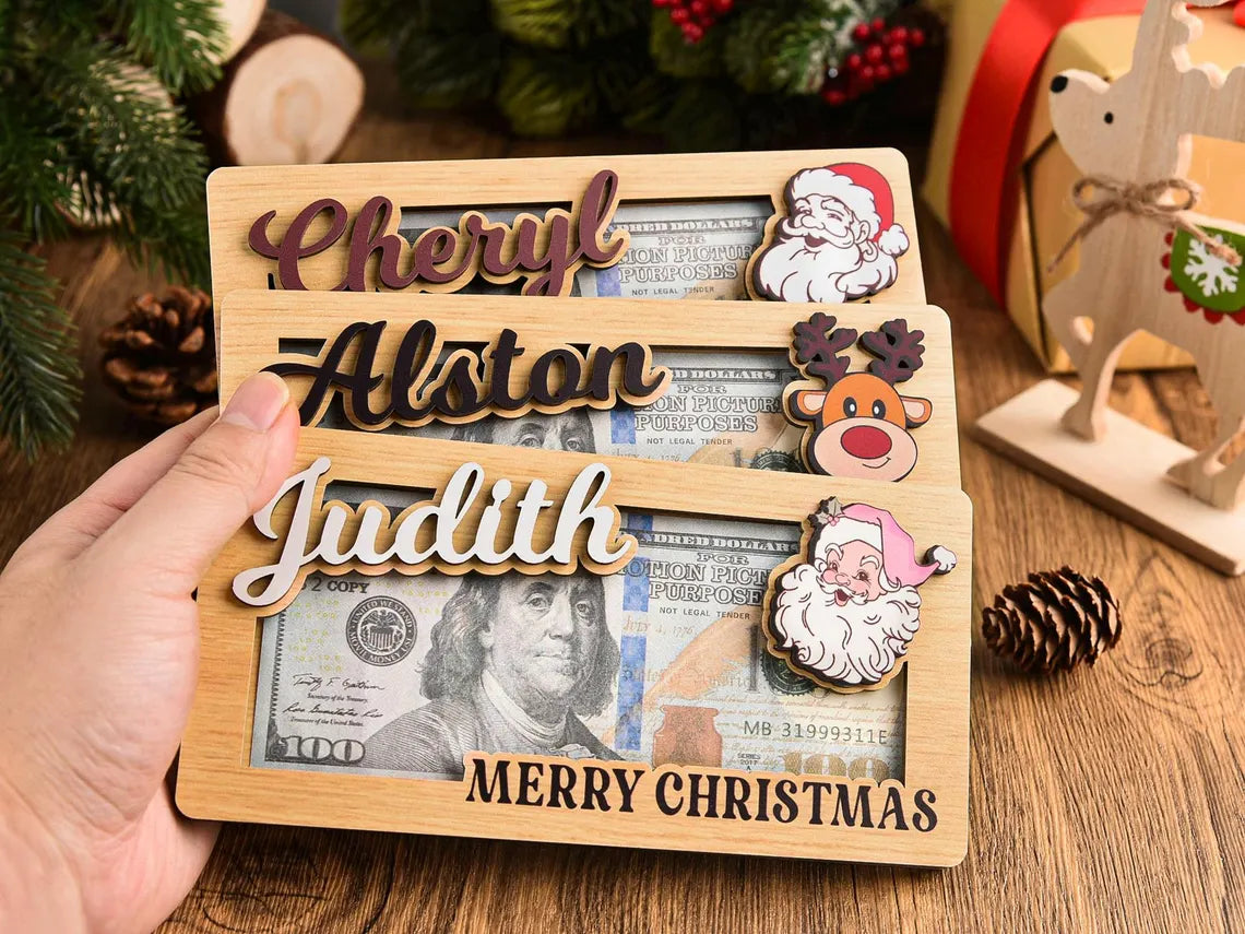 Custom Christmas Money Holder – Personalized Wooden Santa & Reindeer Gift Card Holder