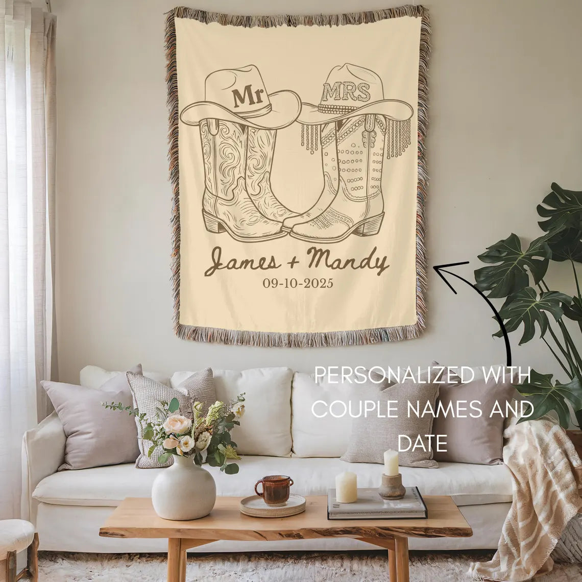 Personalized Western Wedding Blanket - Custom Names & Date Woven Throw