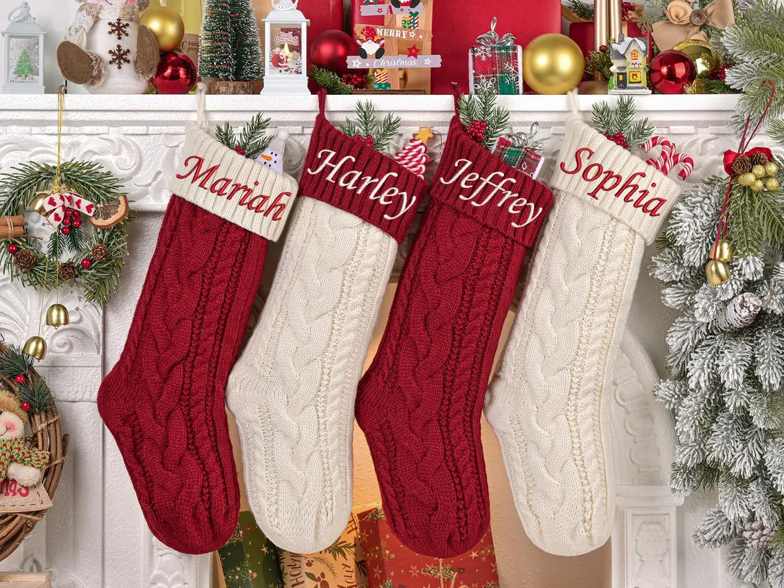 Personalized 2025 Christmas Stocking with Name | Embroidered Knit Stocking