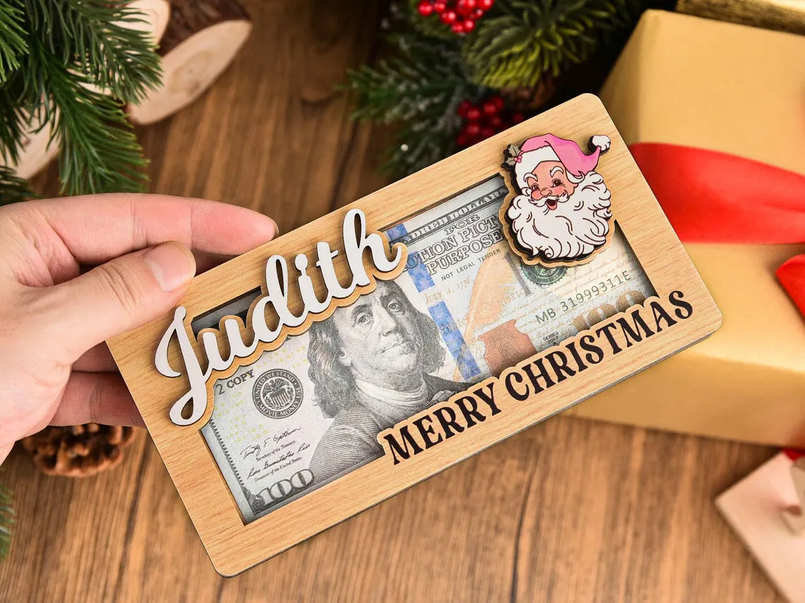 Custom Christmas Money Holder – Personalized Wooden Santa & Reindeer Gift Card Holder