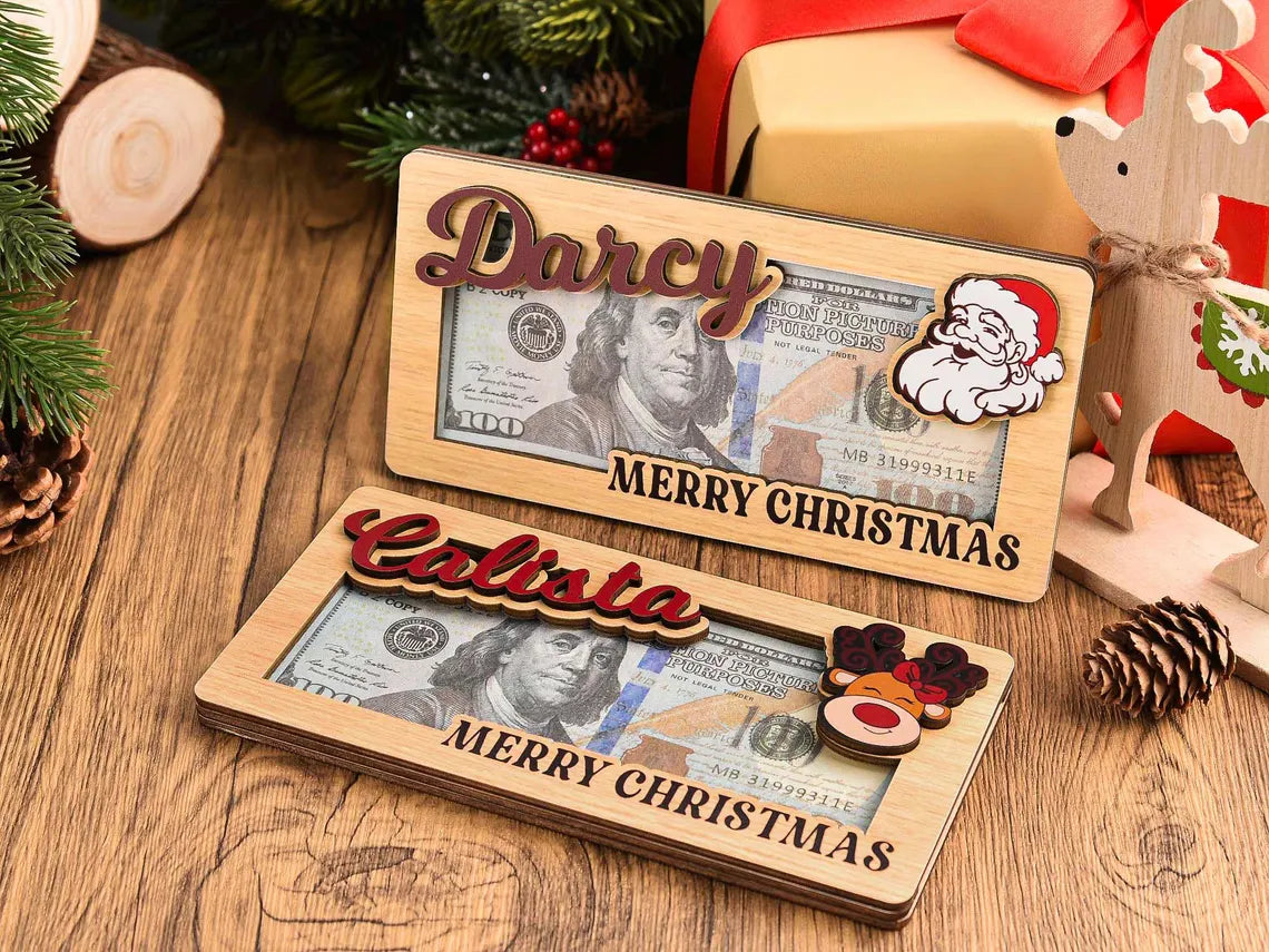 Custom Christmas Money Holder – Personalized Wooden Santa & Reindeer Gift Card Holder
