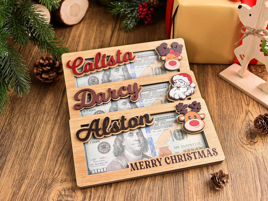 Custom Christmas Money Holder – Personalized Wooden Santa & Reindeer Gift Card Holder