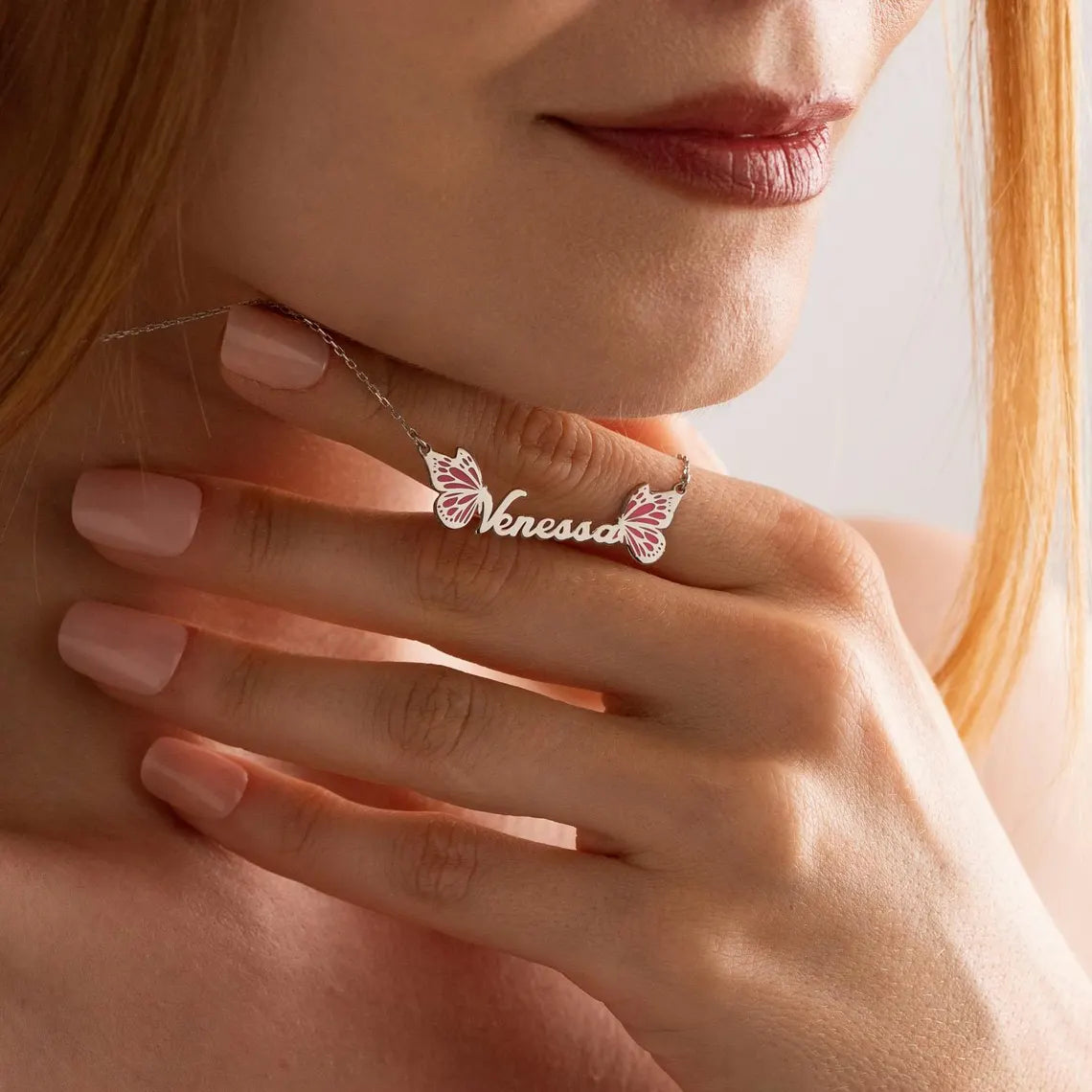 Butterfly Name Necklace with Pink Enamel Wings – Custom Jewelry Gift