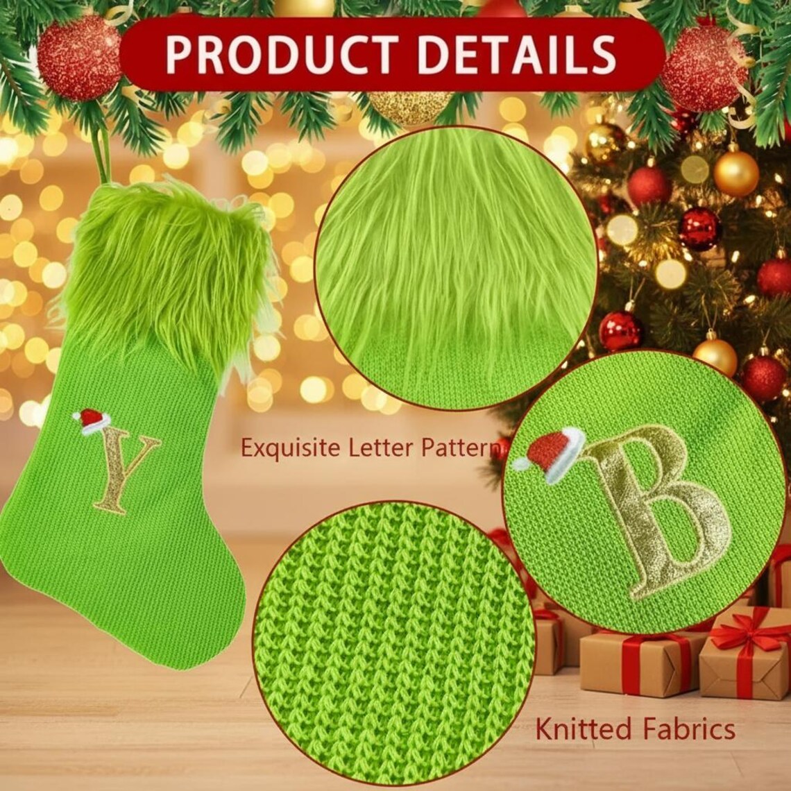 Elfeninspirierter grüner flauschiger Weihnachtsstrumpf mit personalisiertem Namensschild