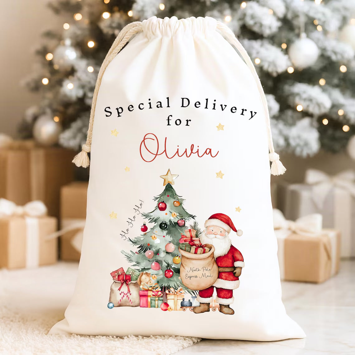 Personalized Drawstring Christmas Sack | Custom Name Santa Gift Bag First Christmas