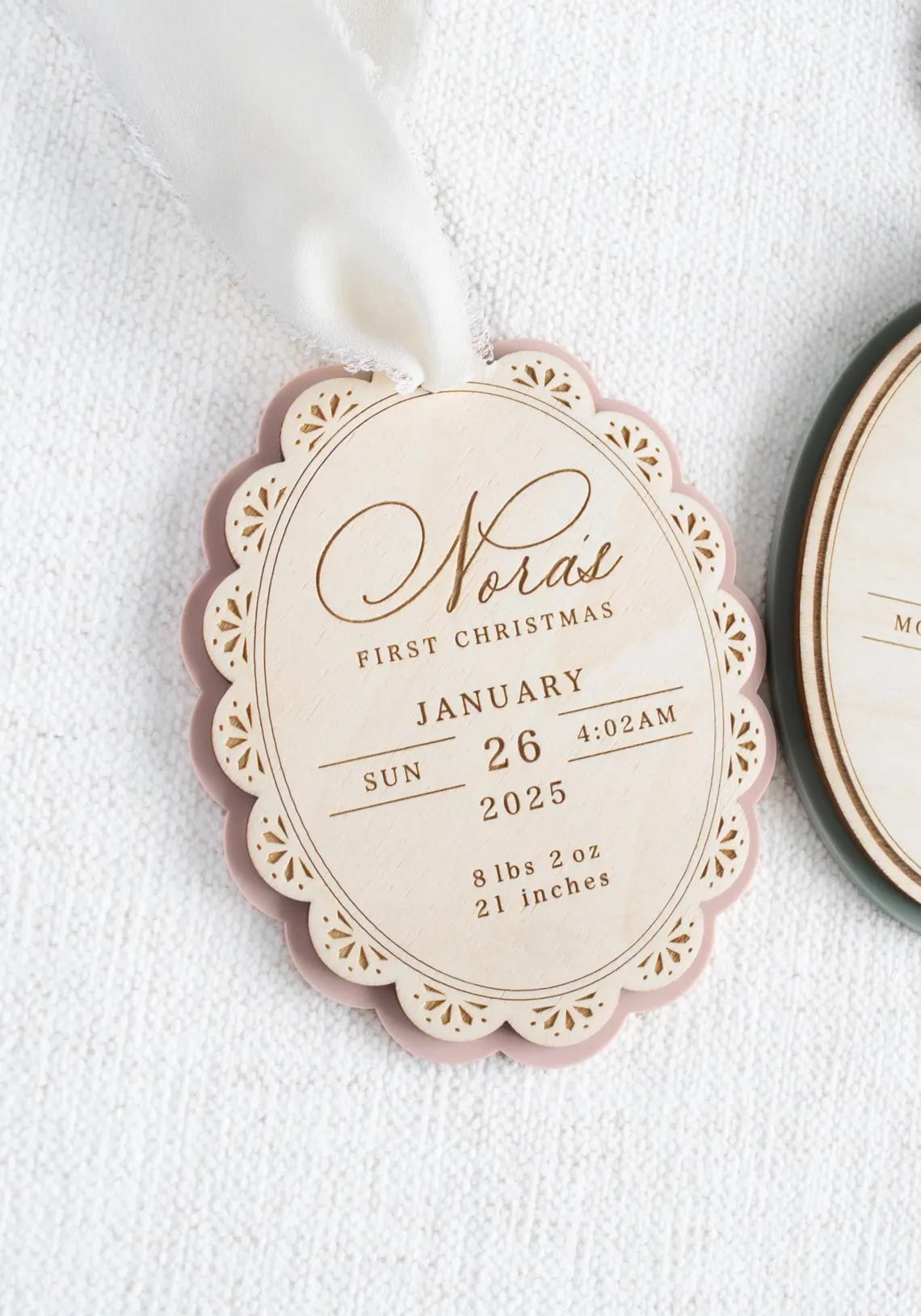 Personalized Baby’s First Christmas Ornament – Engraved Wood Birth Stats
