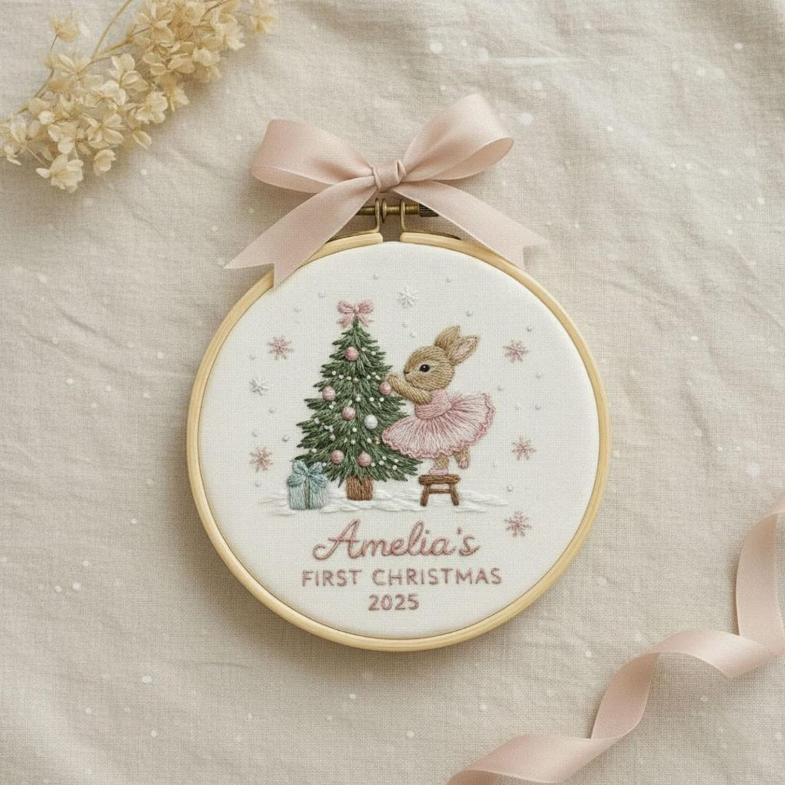 Custom Woodland Animal Baby’s 1st Christmas Embroidered Ornament