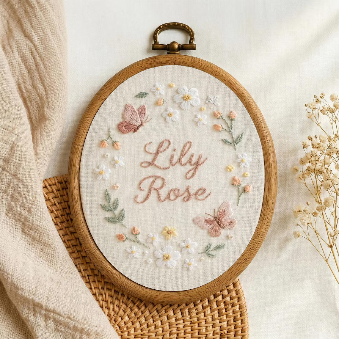 Personalized Baby Name Sign – Floral Embroidery Nursery Decor