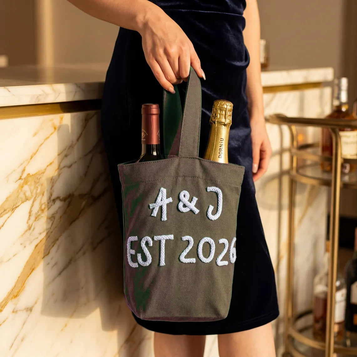 Personalized Wine Tote Bag | Custom Chenille Monogram Carrier