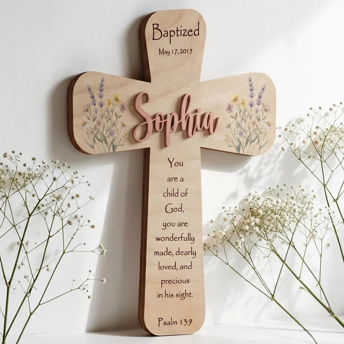 Floral Personalized Baptism Cross – Custom Name Baby Girl Gift