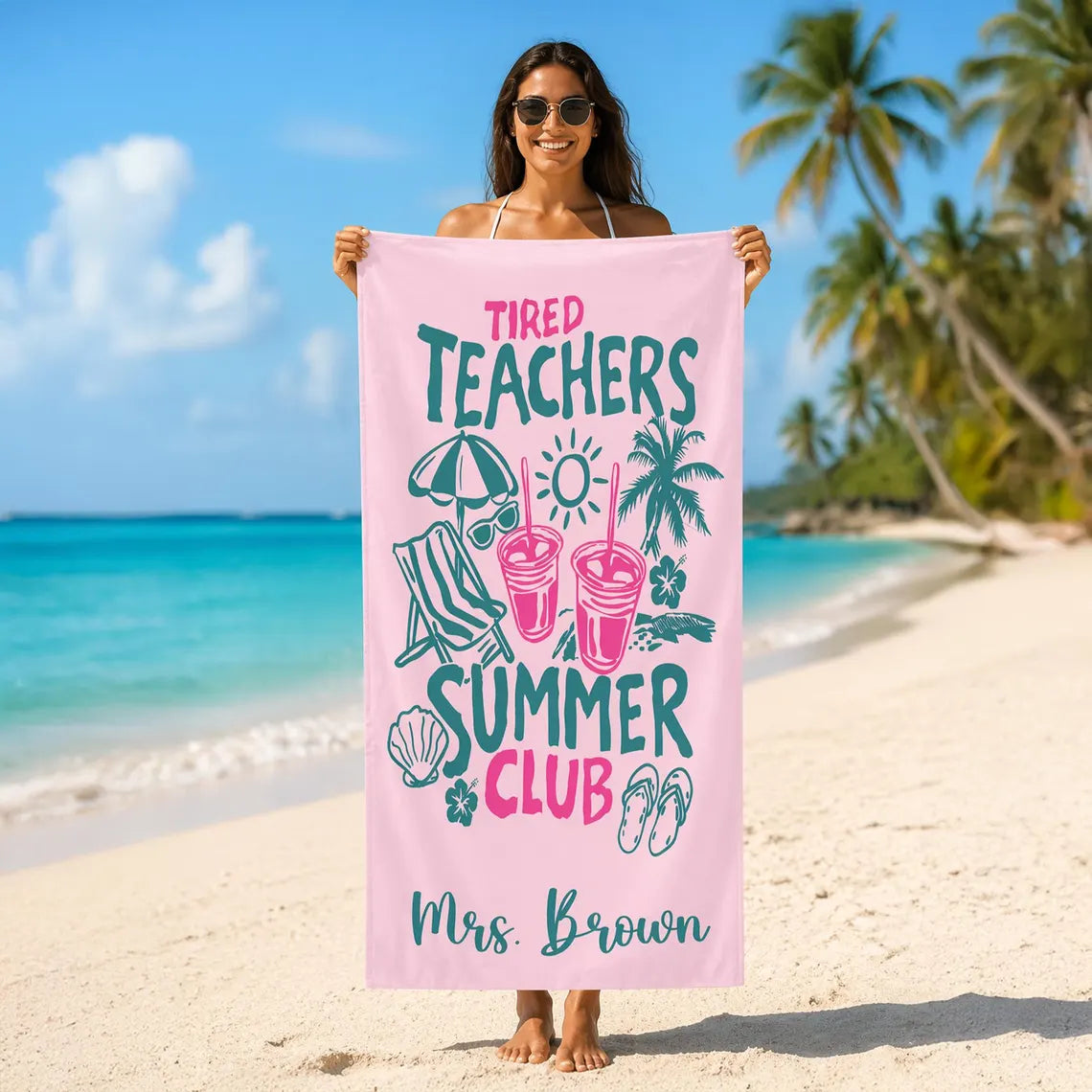 Personalized Teacher Beach Towel – Custom Name Summer Gift