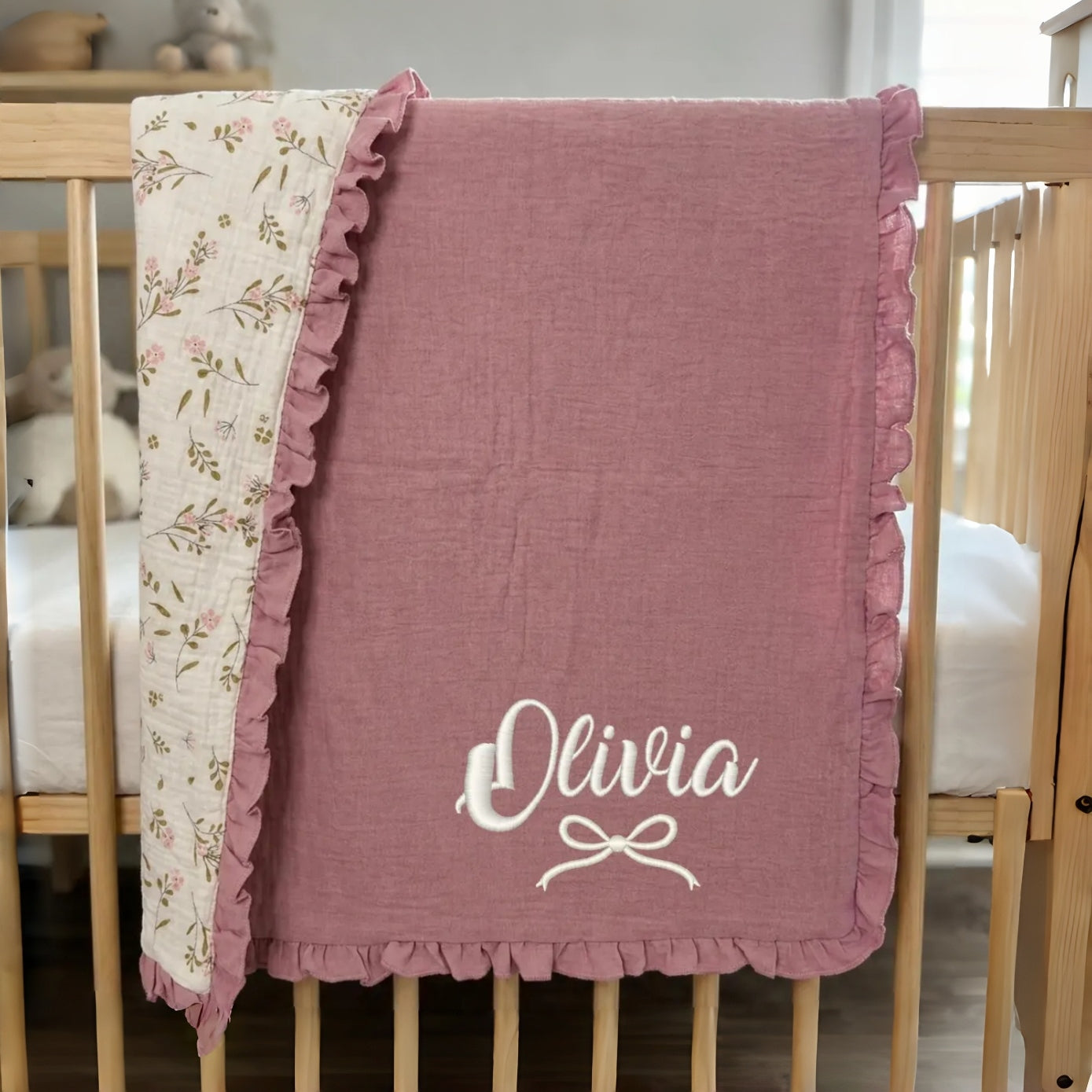 Personalized Muslin Baby Girl Blanket | Custom Embroidered Name & Bow Design