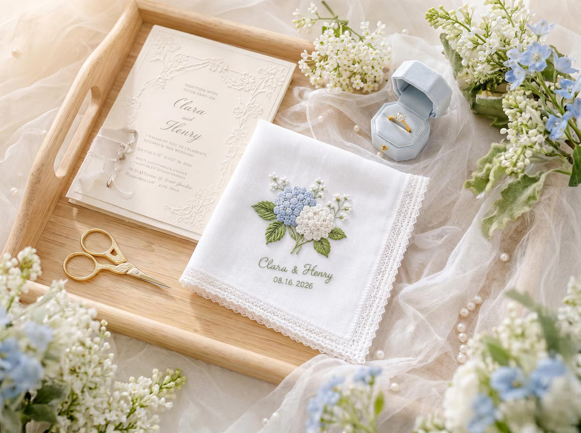 Personalized Hydrangea Wedding Embroidered Handkerchief | Something Blue Bridal Gift