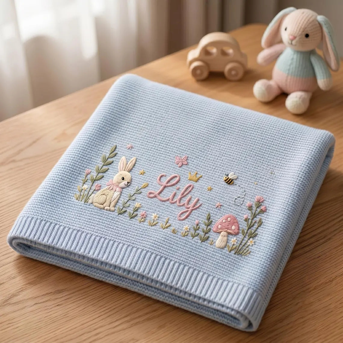 Personalized Bunny Baby Knit Blanket | Custom Embroidered Name Blanket