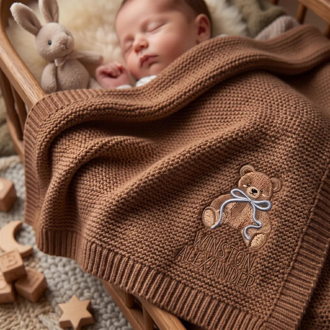 Personalized Teddy Bear Baby Knit Blanket | Custom Embroidered Name