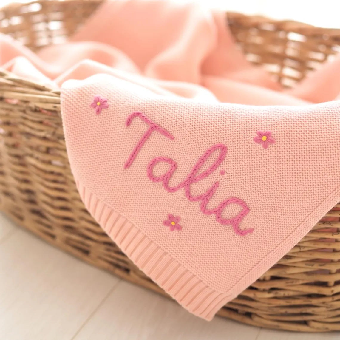 Personalized Knit Baby Blanket with Yarn Embroidered Name & Flowers