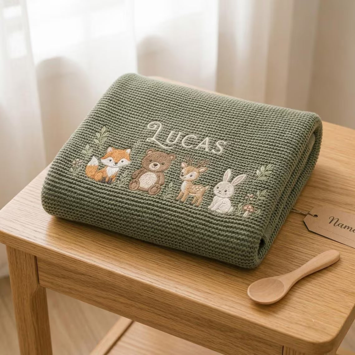 Personalized Forest Friends Knit Baby Blanket | Custom Name