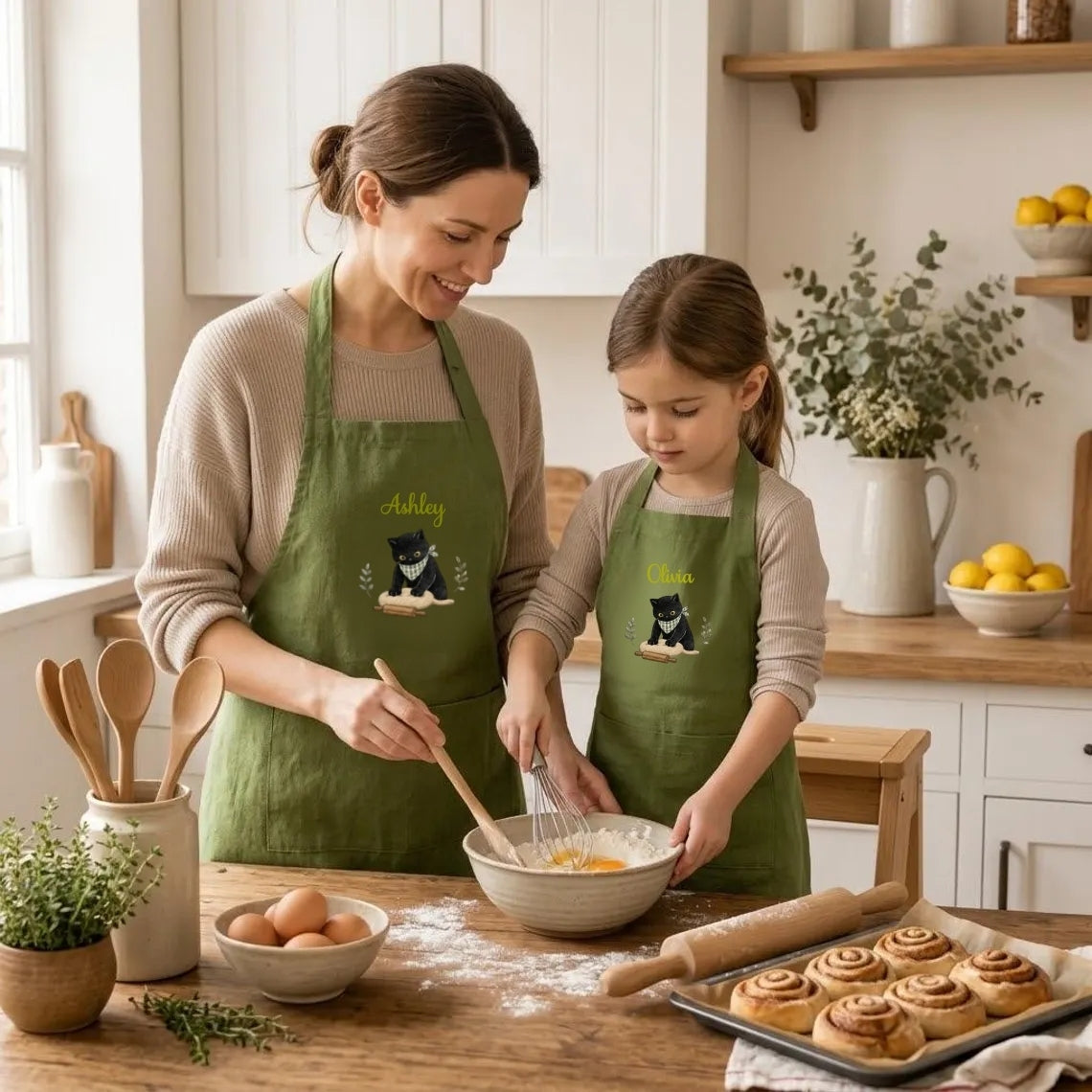 Personalized Black Cat Apron – Embroidered Name Cross-Back Apron