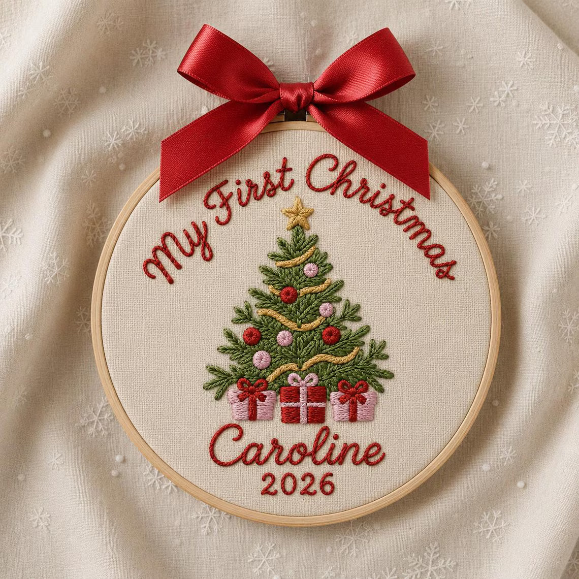 Personalized Baby’s First Christmas Ornament, Custom Name Embroidery Christmas Tree