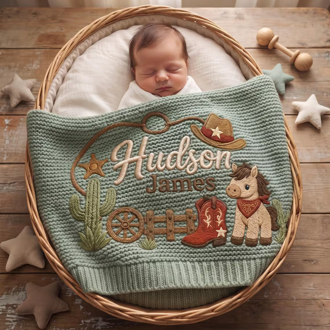 Personalized Cowboy Baby Knit Blanket | Custom Horse Embroidered Gift