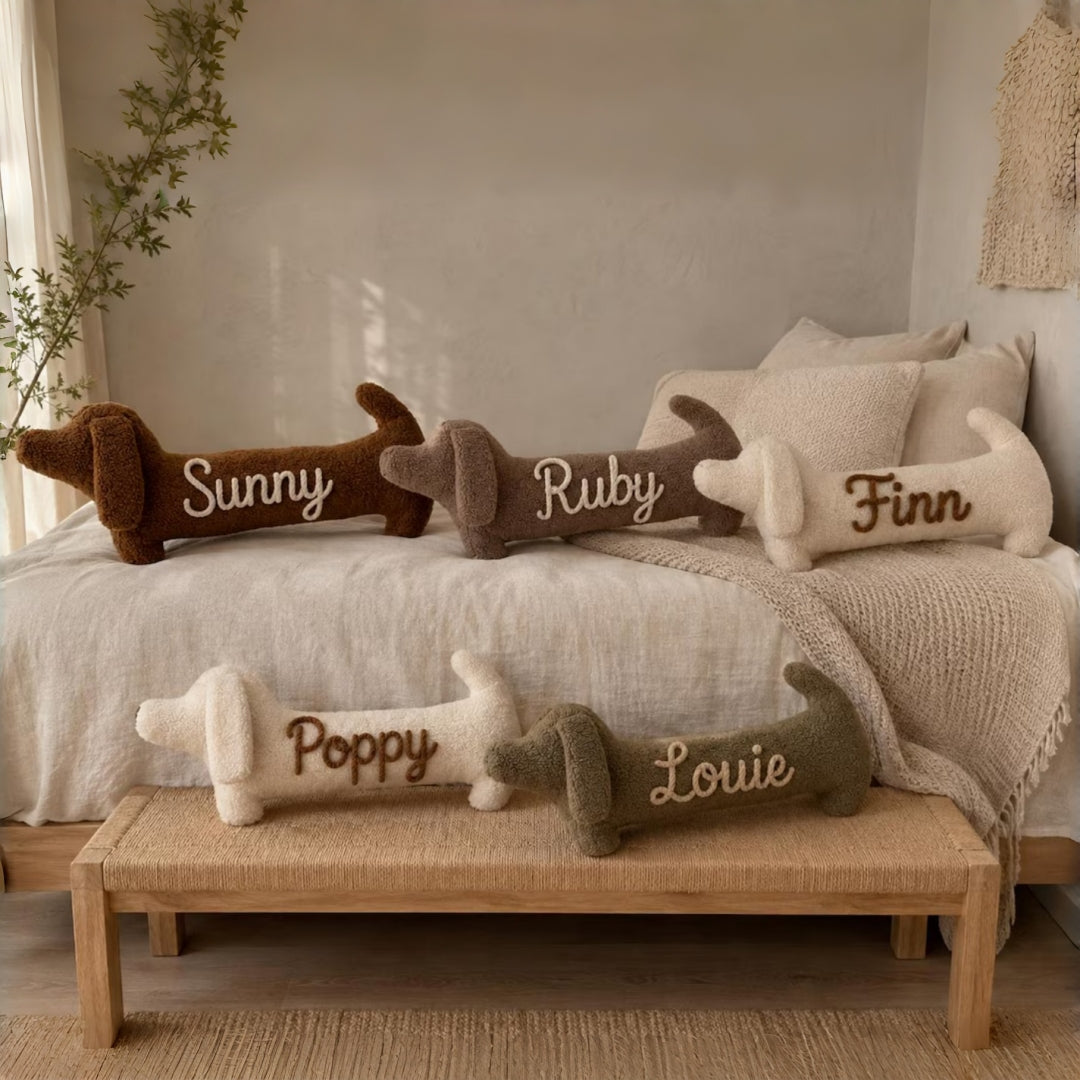 Personalized Dachshund Body Pillow with Custom Yarn Name