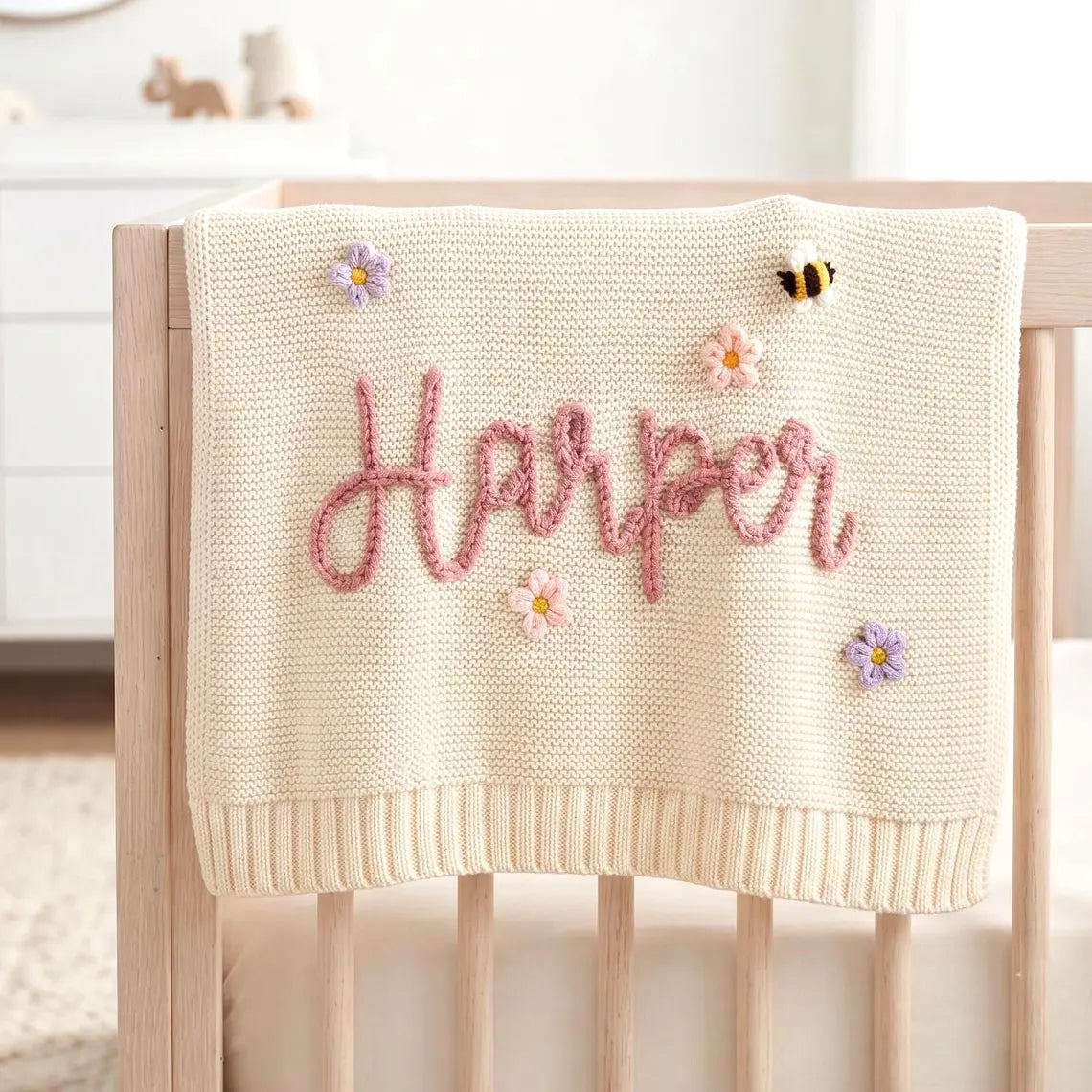 Personalized Knit Baby Blanket with Yarn Embroidered Name & Flowers Bee