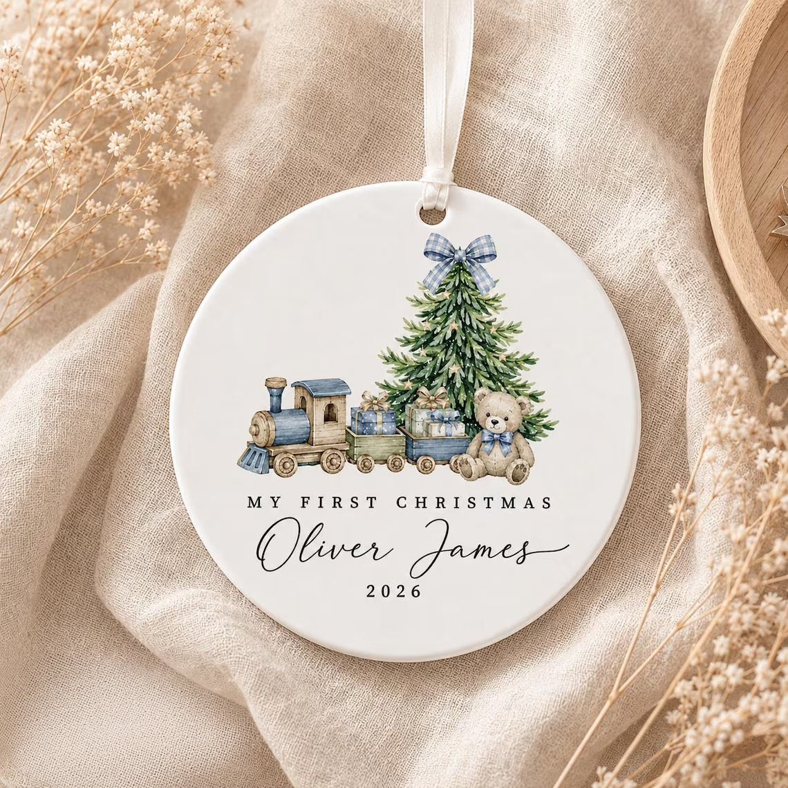 Personalized Baby's First Christmas Ceramic Ornament Teddy Bear & Train