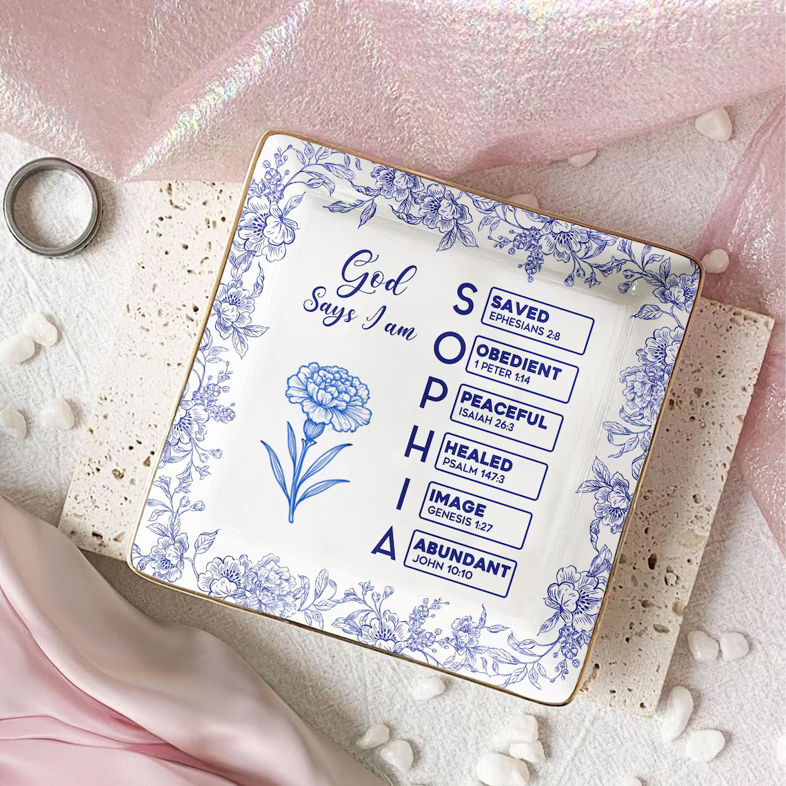 God Says I Am Birth Flower Jewelry Dish – Christian Toile de Jouy Gift
