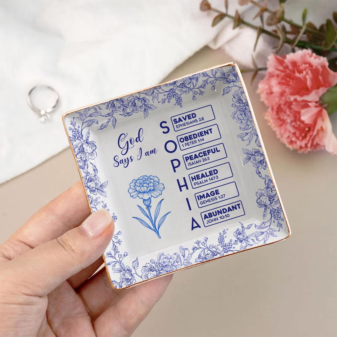 God Says I Am Birth Flower Jewelry Dish – Christian Toile de Jouy Gift