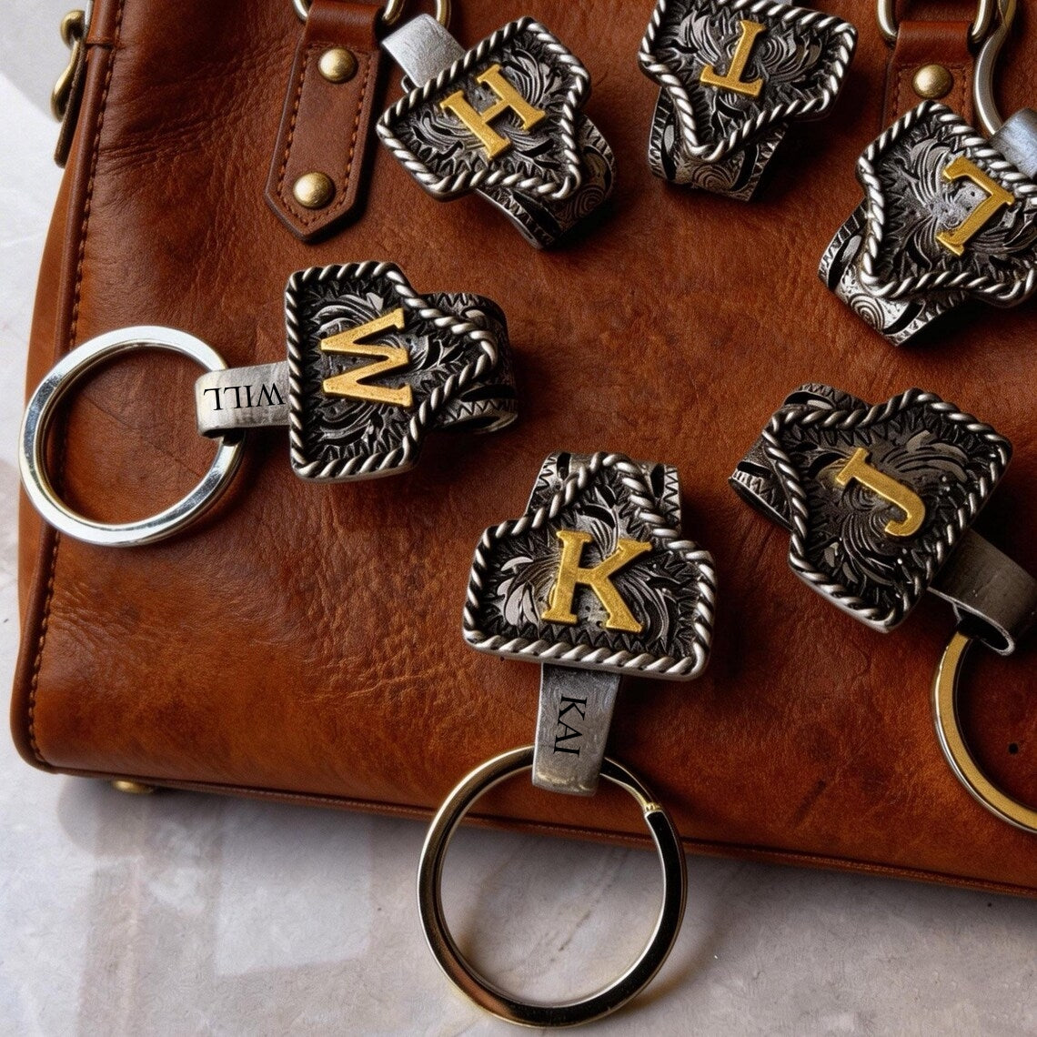 Personalized Metal Initial Keychain | Vintage Letter Charm
