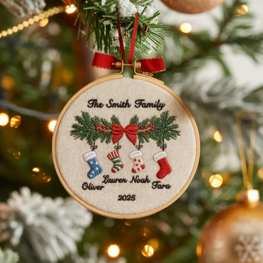 Personalized Family Christmas Embroidery Ornament 2025 | Stockings on Mantel