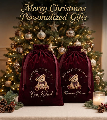 Personalized Christmas Sack | Luxury Velvet Santa Gift Bag Teddy Bear