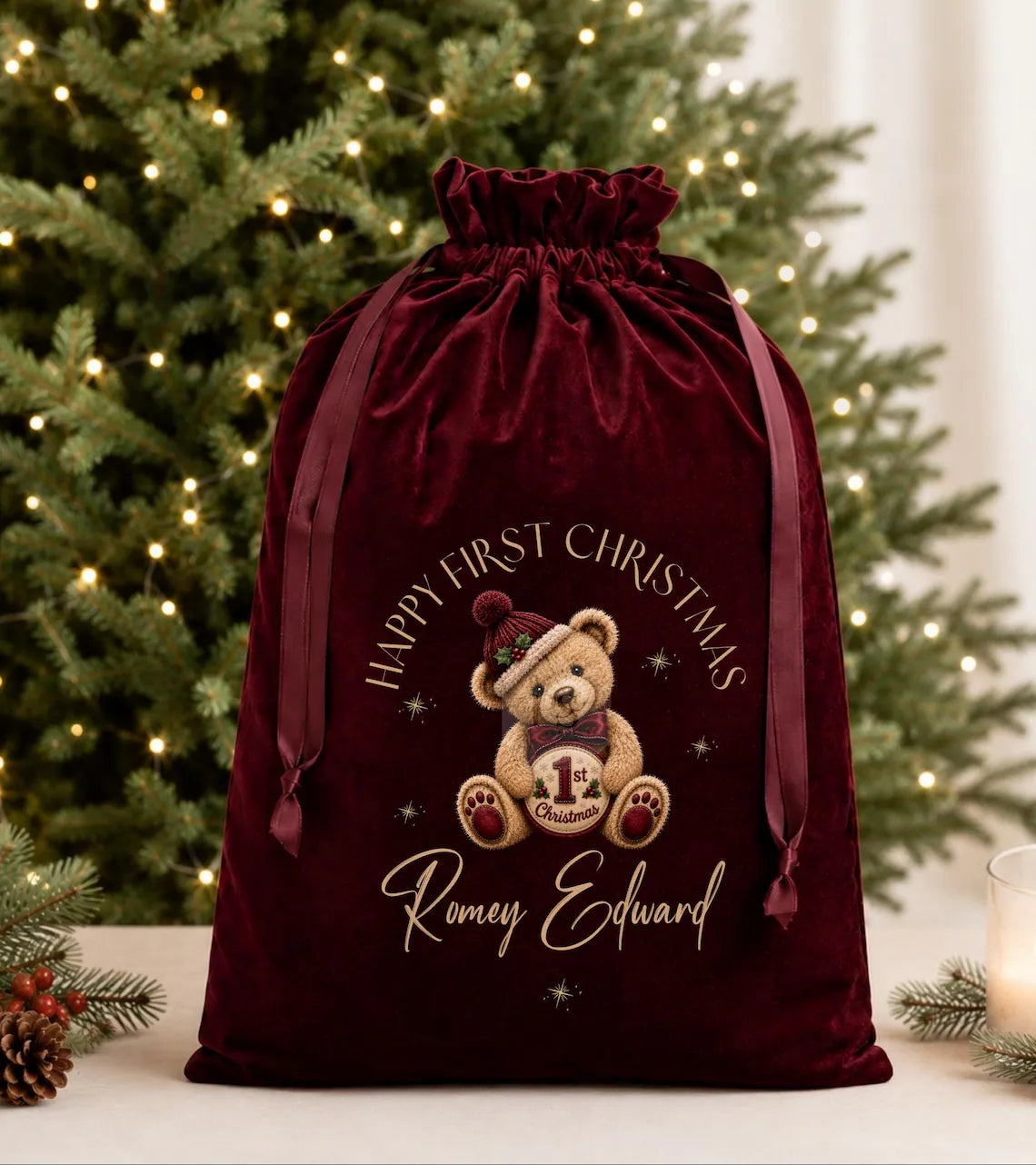 Personalized Christmas Sack | Luxury Velvet Santa Gift Bag Teddy Bear