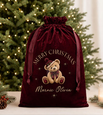 Personalized Christmas Sack | Luxury Velvet Santa Gift Bag Teddy Bear