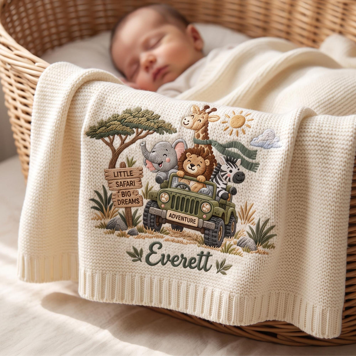 Personalized Safari Jeep Baby Knit Blanket with Embroidered Name