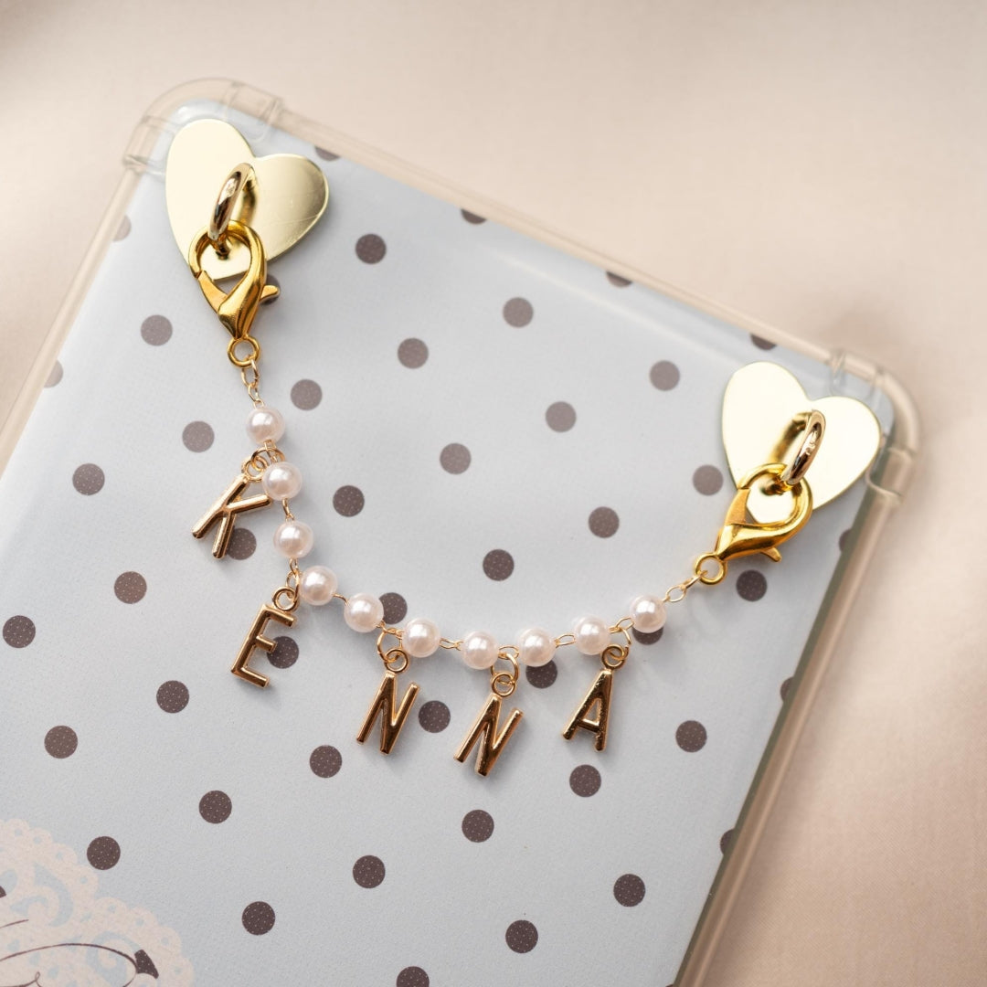 Personalized Kindle Charm, Pearl Chain with Custom Gold Letter Beads