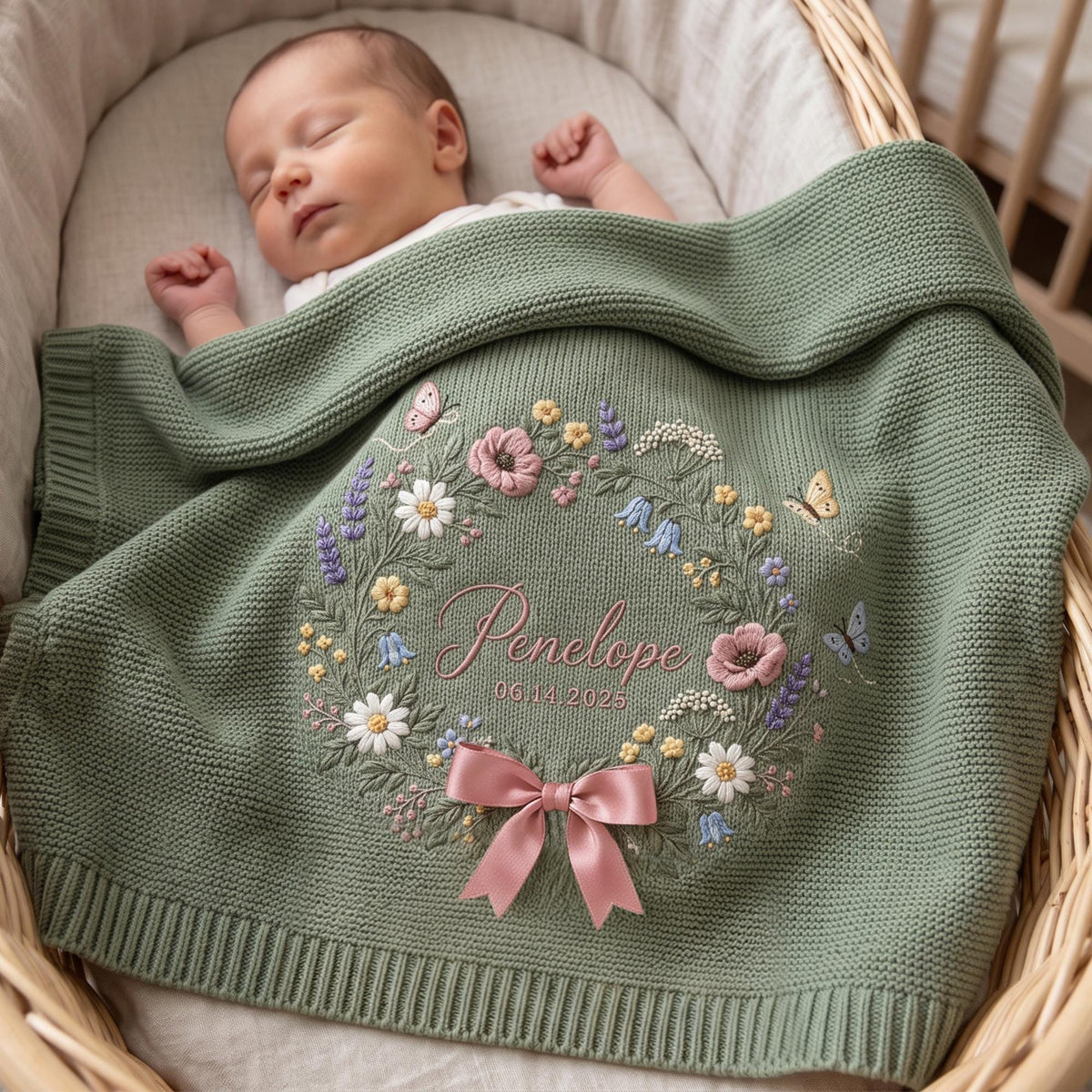 Personalized Floral Wreath Baby Knit Blanket with Name & Birth Date