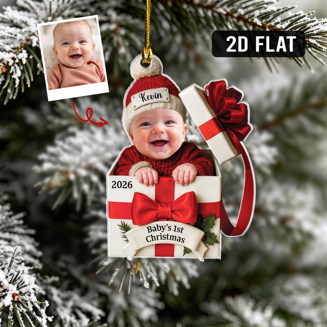 Personalized Baby's First Christmas Photo Acrylic Ornament Baby in Gift Box