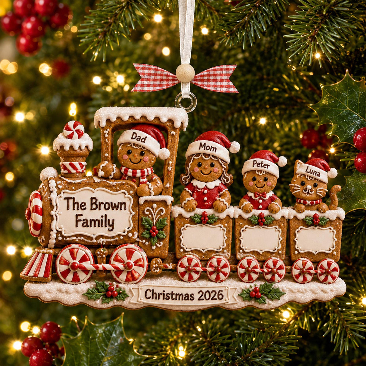 Personalized Gingerbread Family Train Christmas Ornament