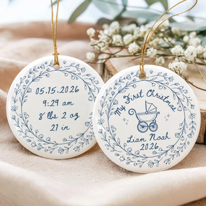 Personalized Ceramic Baby's First Christmas Ornament, Custom Name & Birth Stats