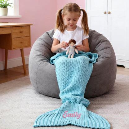 Personalized Mermaid Tail Knit Blanket, Custom Name Embroidery Crochet Blanket