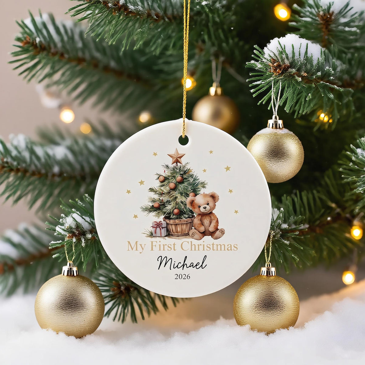 Personalized Baby’s First Christmas Ornament, Custom Name Ceramic Bauble