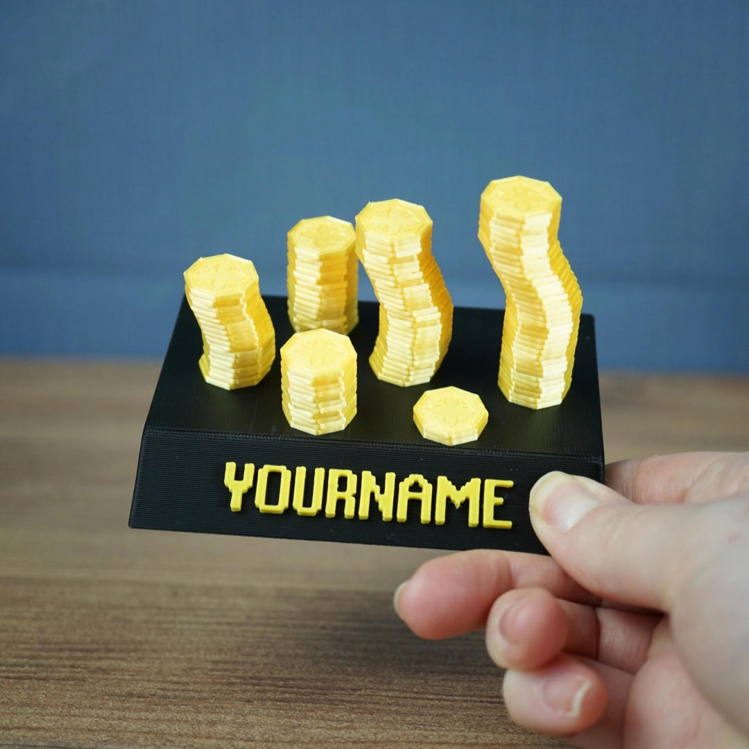 Personalized Gold Coin Stack Nameplate – 3D Gamer Desk Decor