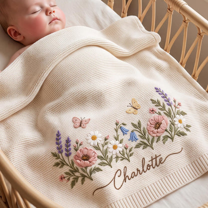 Personalized Wildflower Baby Blanket, Custom Name Floral Knit Blanket