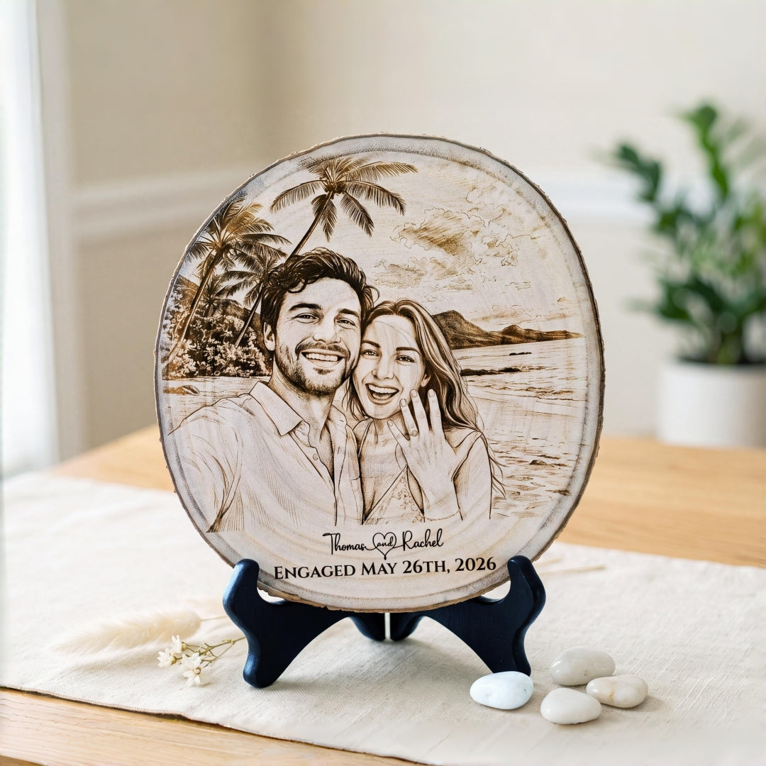 Personalized Couples Portrait Wood Engraving, Engagement Gift
