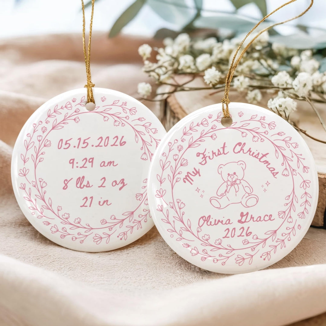 Personalized Ceramic Baby's First Christmas Ornament, Custom Name & Birth Stats