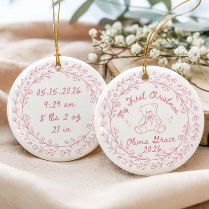 Personalized Ceramic Baby's First Christmas Ornament, Custom Name & Birth Stats