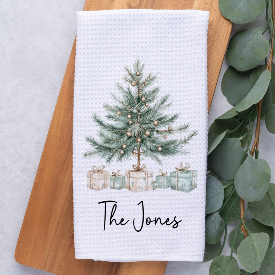 Personalized Christmas Tree Kitchen Towel, Custom Family Name Holiday Tea Towel