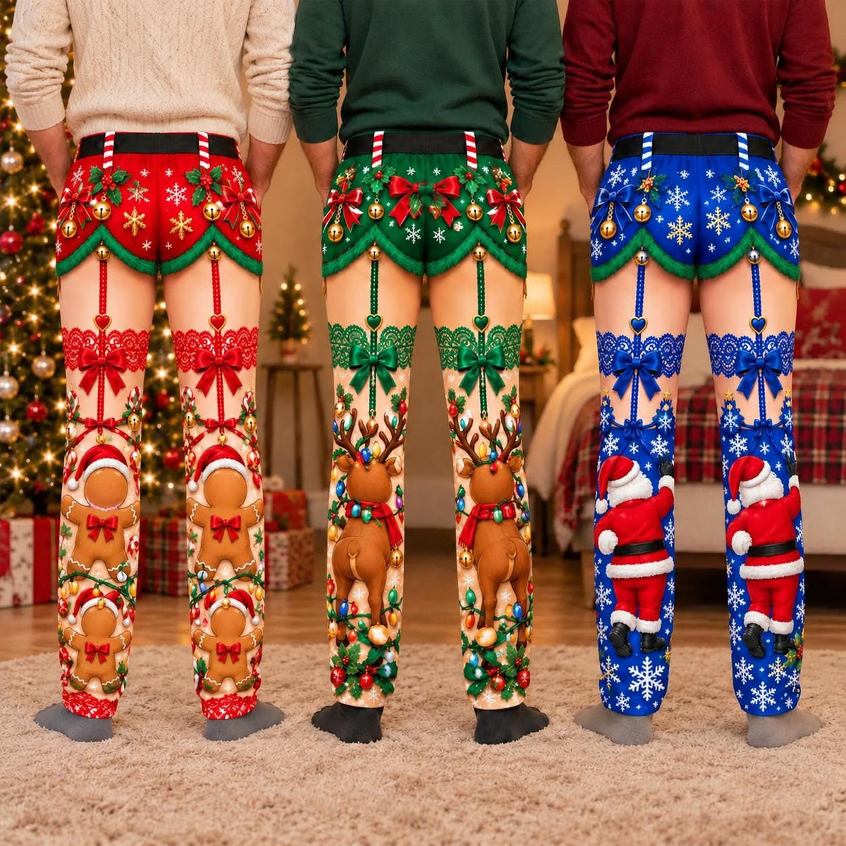 Unisex Christmas Pajama Pants – Santa, Gingerbread & Reindeer Prints Faux Suspender Design